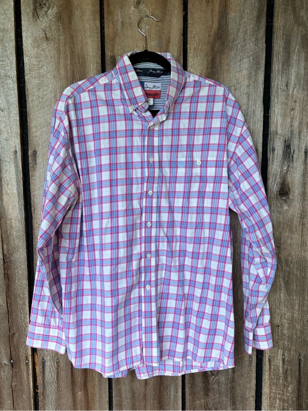Wrangler George Strait Cowboy Cut Men’s Large Plaid Button Shirt Pink Blue Weste